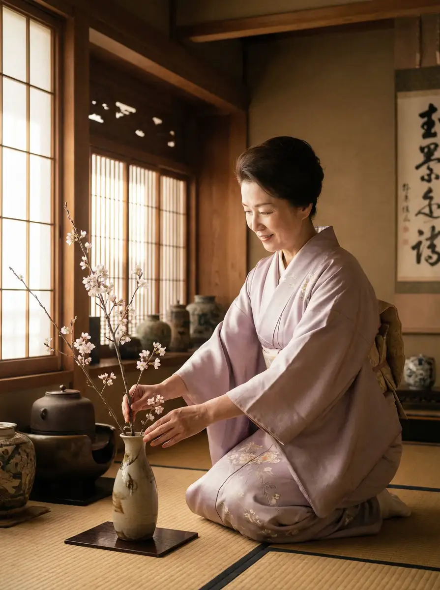 一位优雅的 小马拉大车童子鸡 在和室中插花
